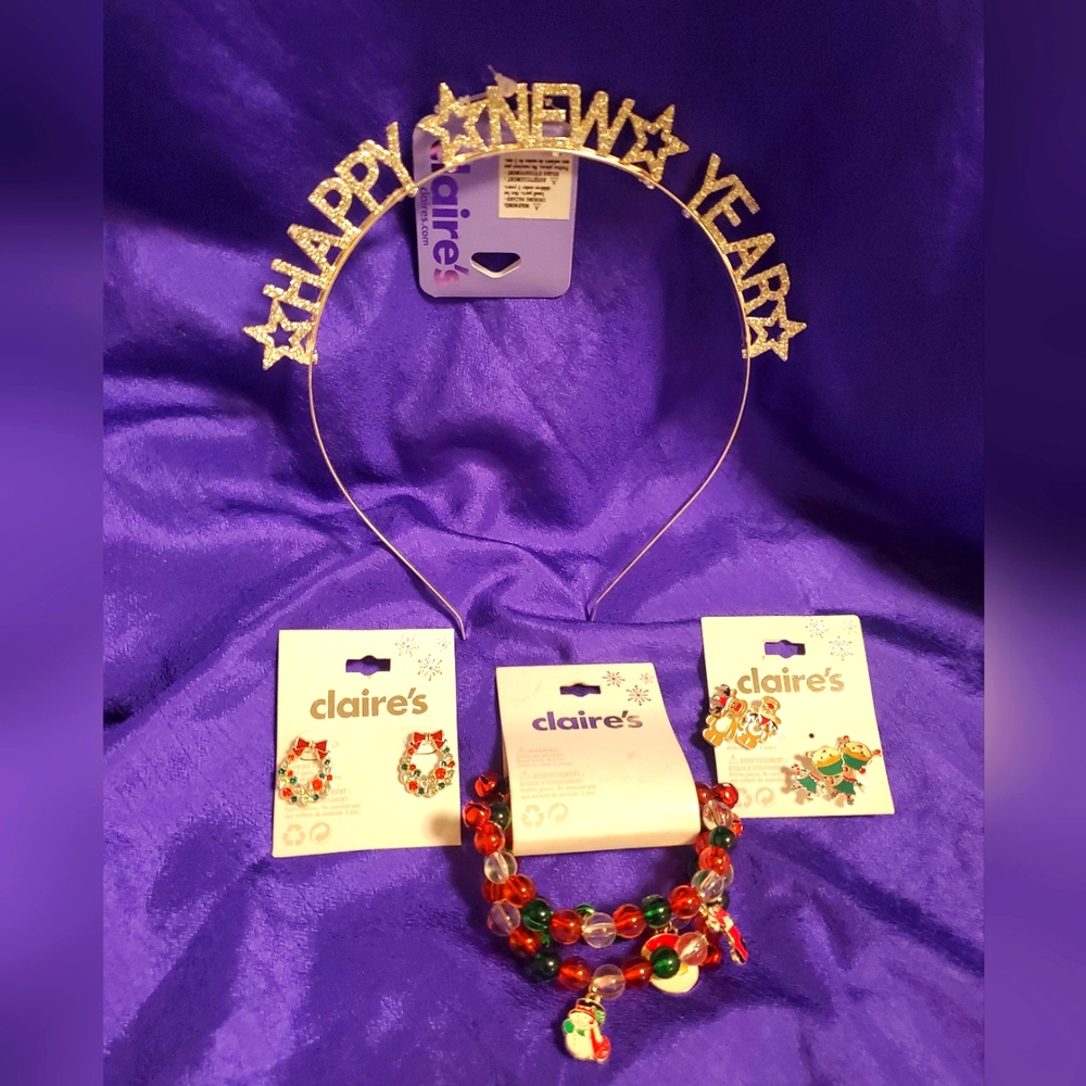 4 pack Claire's holiday earrings, bracelet and New years headband